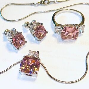 Costume Jewelry Set Silver Tone and Pink Stones